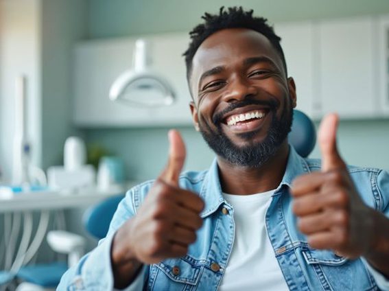 Happy patient making double thumbs-up gesture