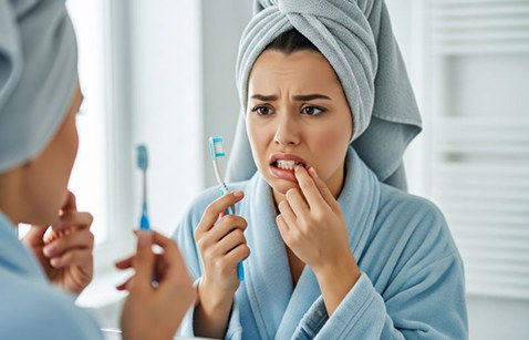 Woman looking in mirror, concerned about gum disease