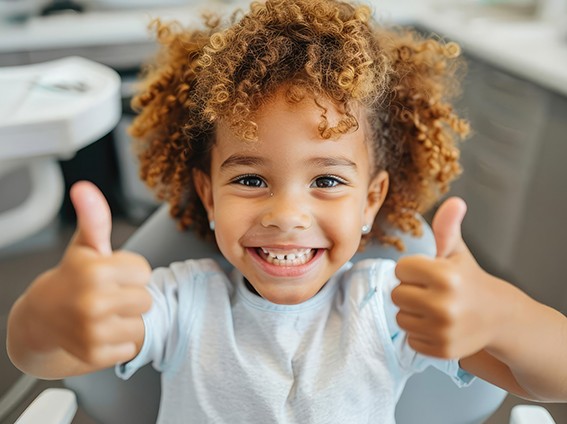 Little girl in dental treatment chair, giving thumbs up