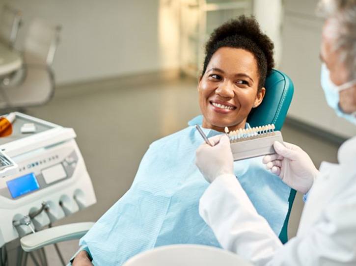 Dental patient being shade-matched for veneers